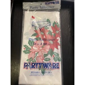 Vintage Christmas Poinsettia Plastic Table Cloth 54 x 108  Holly Bow NIP